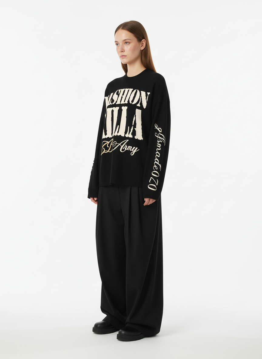 Retro Letter Print Waffle Simplicity Long-Sleeved T-Shirt