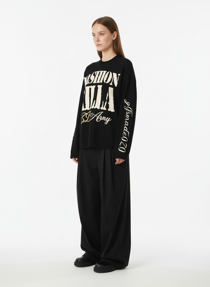 Retro Letter Print Waffle Simplicity Long-Sleeved T-Shirt