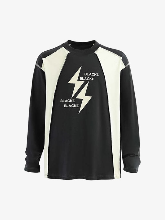 Lightning Letter Print Contrast Color Stitching Long-Sleeve T-shirt