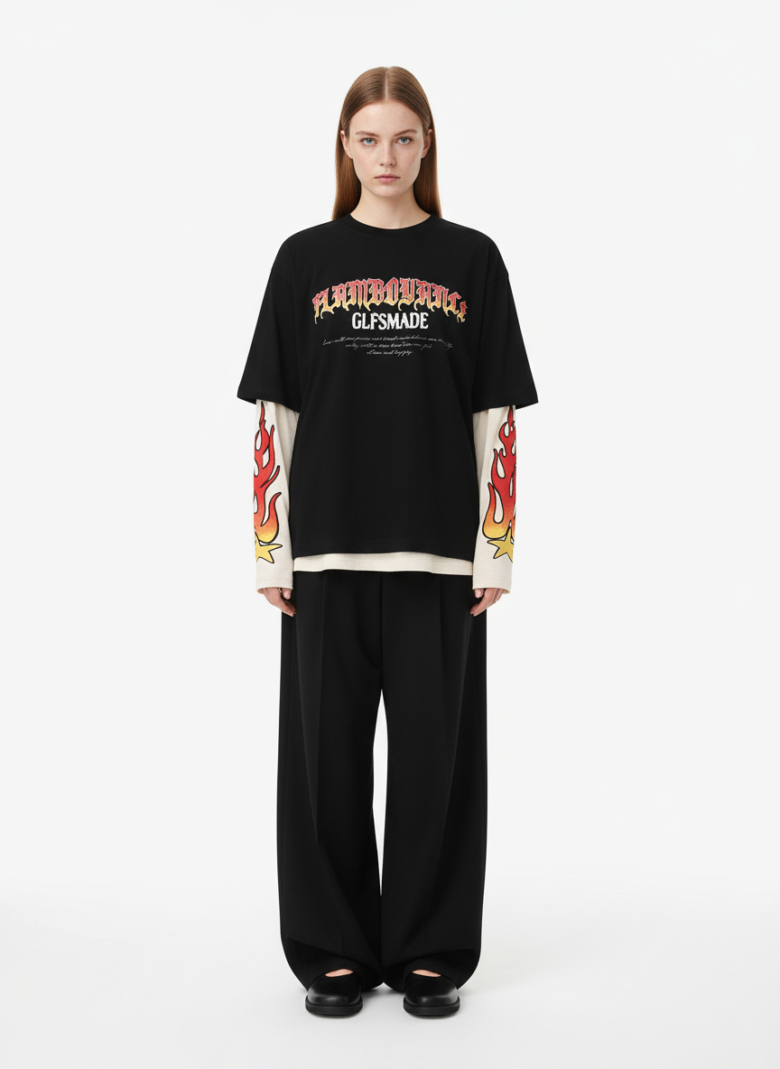 Gradient Letter Print Patchwork Faux Two-Piece Long-Sleeved T-Shirt