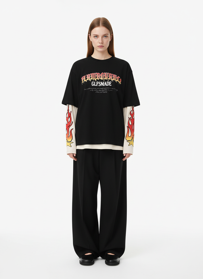 Gradient Letter Print Patchwork Faux Two-Piece Long-Sleeved T-Shirt