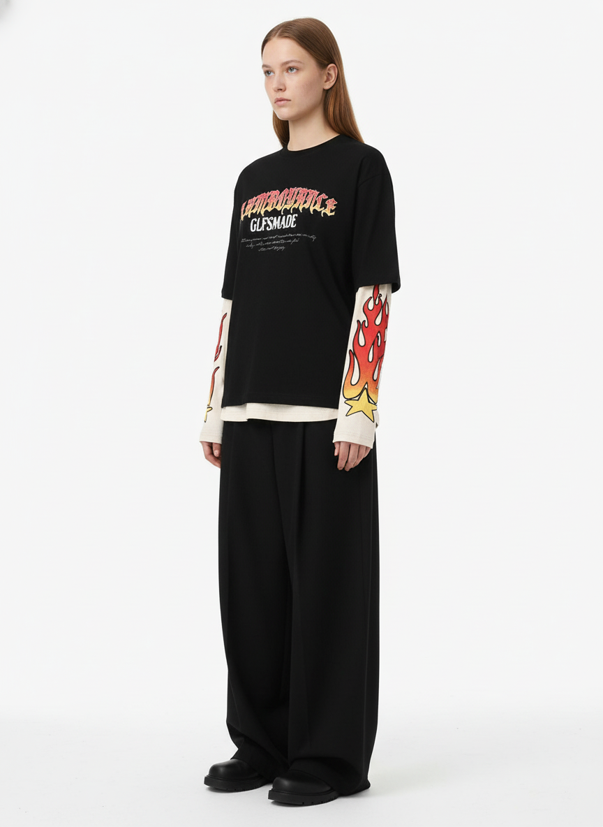 Gradient Letter Print Patchwork Faux Two-Piece Long-Sleeved T-Shirt