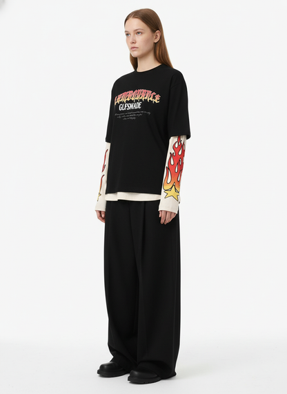 Gradient Letter Print Patchwork Faux Two-Piece Long-Sleeved T-Shirt