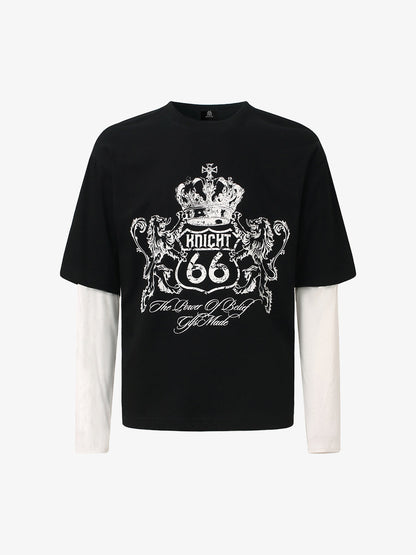 Patchwork Color Blocking Faux Two-piece Long-Sleeved T-Shirt