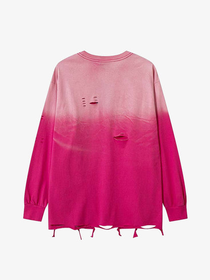 Gradient Hole Contrast Color Long Sleeve T-shirt