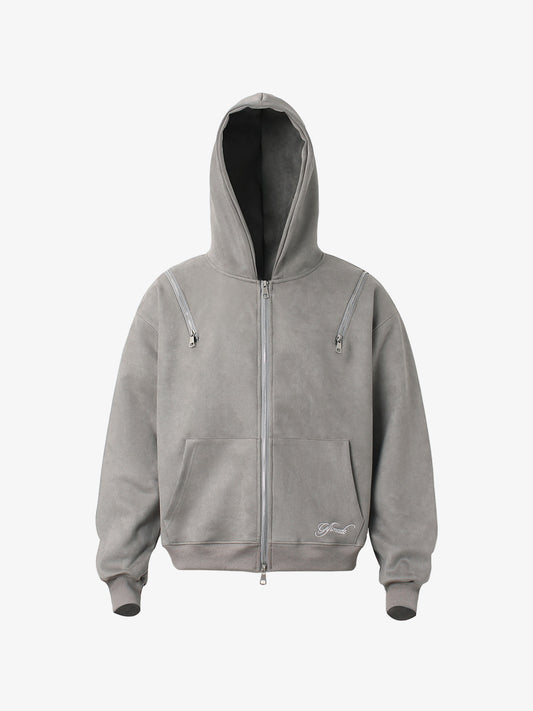 Suede Double-Ended Zippered Cropped Hooded Jacket