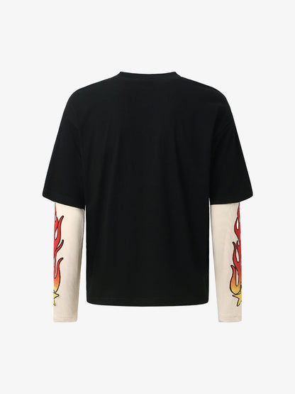 Gradient Letter Print Patchwork Faux Two-piece Long-sleeved T-shirt