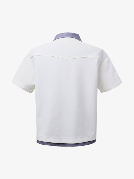 Fake Two-piece Stitching Lapel Pearl Button Shirt