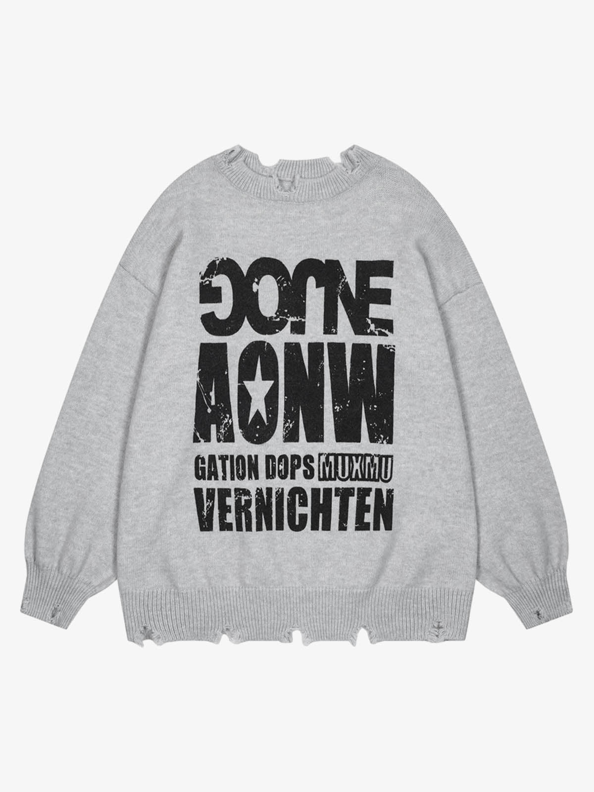 Letter Print Ripped Crew Neck Sweater