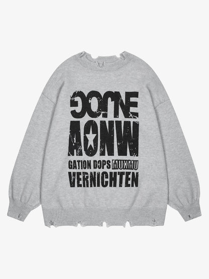 Letter Print Ripped Crew Neck Sweater