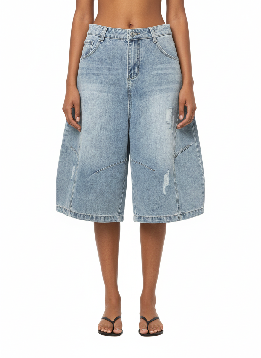 Distressed Ripped Deconstructed Split Barrel Jorts