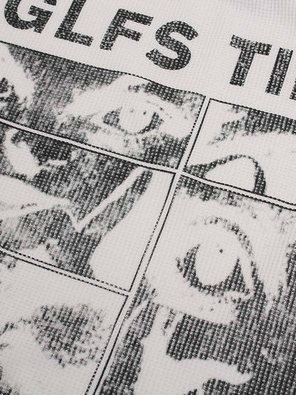 Letter Print Waffle Long-sleeved T-shirt