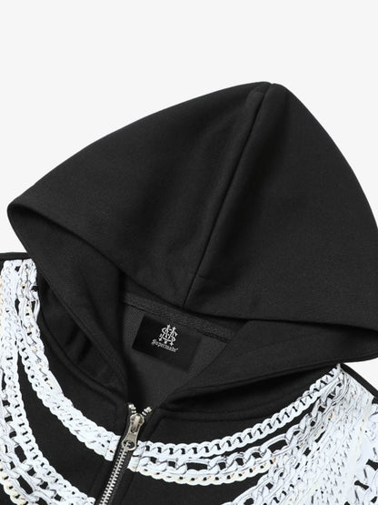 Retro Digital Chain Print Cardigan Zipper Hooded Sweatshirt