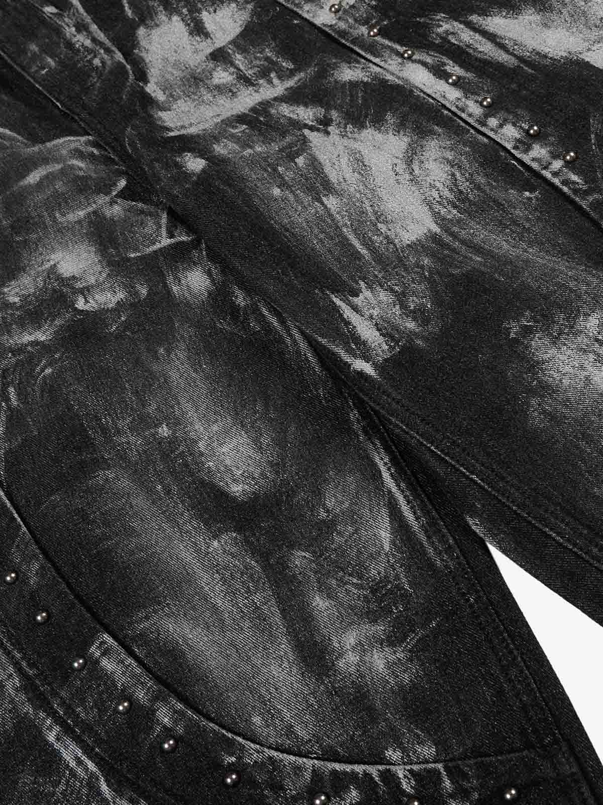 Tie-Dye Wide-Leg Denim Pants with Stud Detailing