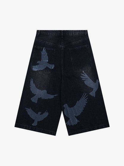 Stylish Denim Shorts with Flying Bird Prints for Summer Outfits
