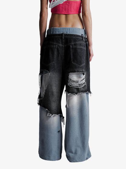 Double-waistband Denim Patchwork Ripped Casual Pants