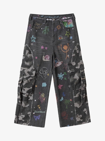 Graffiti Print Cold Transfer Camouflage Layered Cargo Jeans