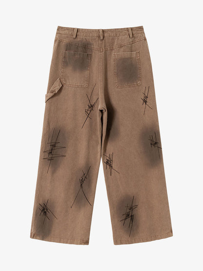 Scratched Patchwork Distressed Embroidered Work Jeans