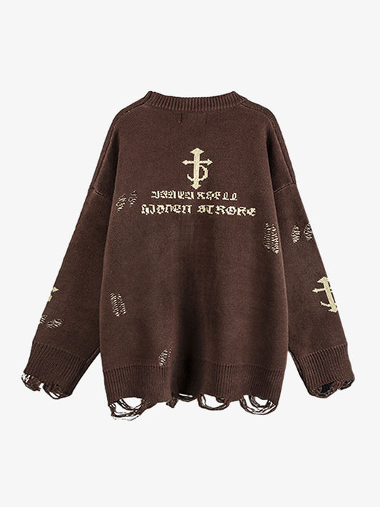 High Street Letter Jacquard Ripped Tassel Sweater