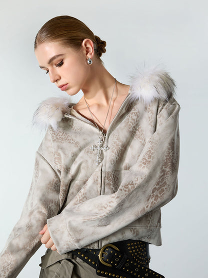 Cheetah Zipper Cardigan Fur Hooded Jacket