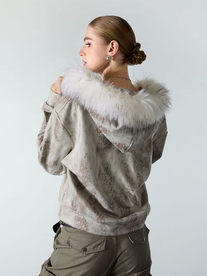 Cheetah Zipper Cardigan Fur Hooded Jacket