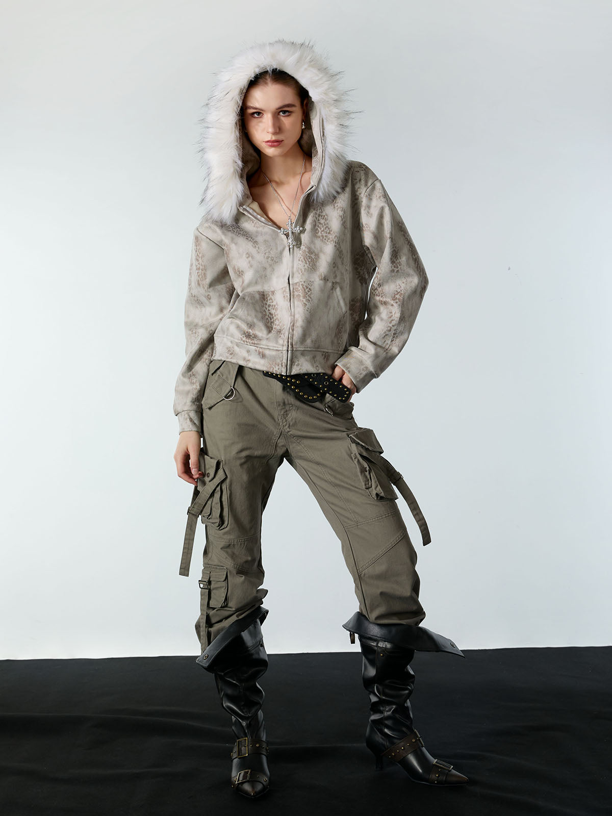 Cheetah Zipper Cardigan Fur Hooded Jacket