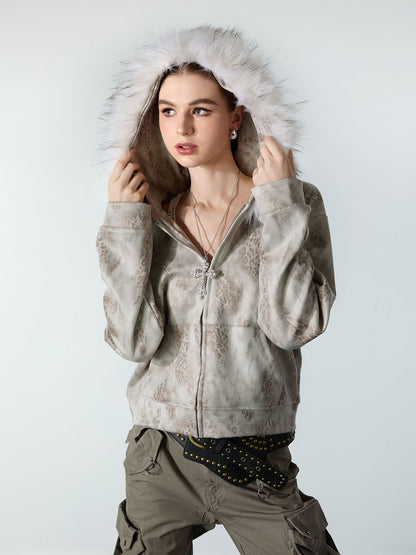 Cheetah Zipper Cardigan Fur Hooded Jacket