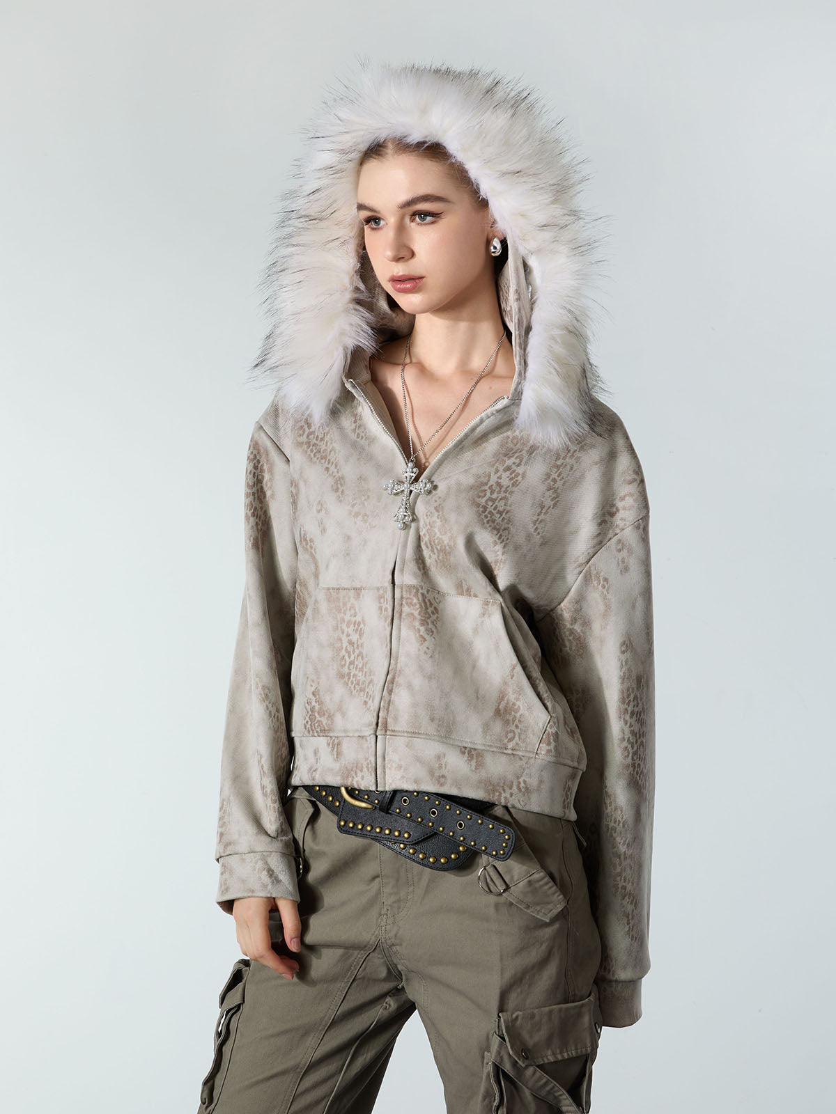 Cheetah Zipper Cardigan Fur Hooded Jacket