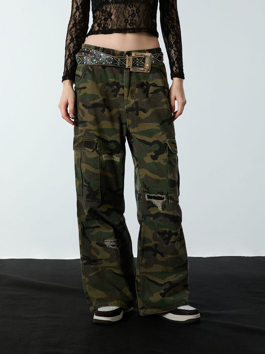 Woven Ripped Camouflage Flared Cargo Pants - 2410
