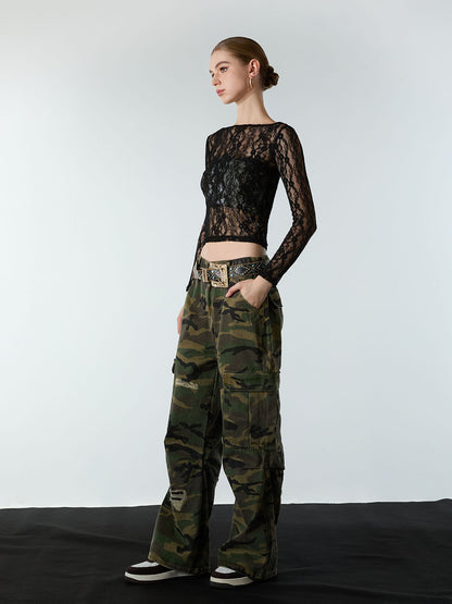 Woven Ripped Camouflage Flared Cargo Pants - 2410