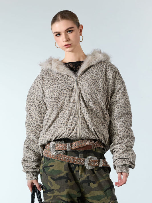Cotton Cheetah Print Mink Fur Hooded Jacket - 2270