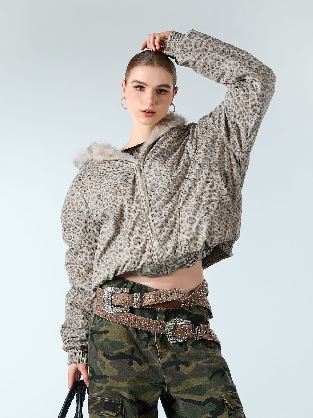 Cotton Cheetah Print Mink Fur Hooded Jacket - 2270