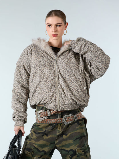 Cotton Cheetah Print Mink Fur Hooded Jacket - 2270