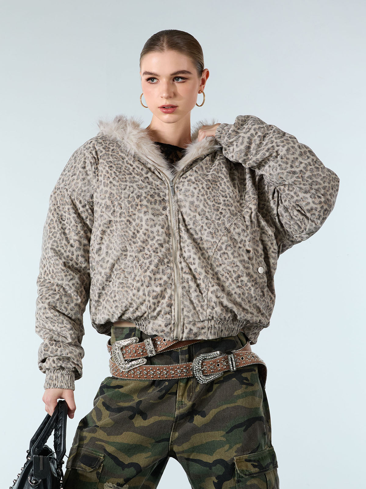 Cotton Cheetah Print Mink Fur Hooded Jacket - 2270