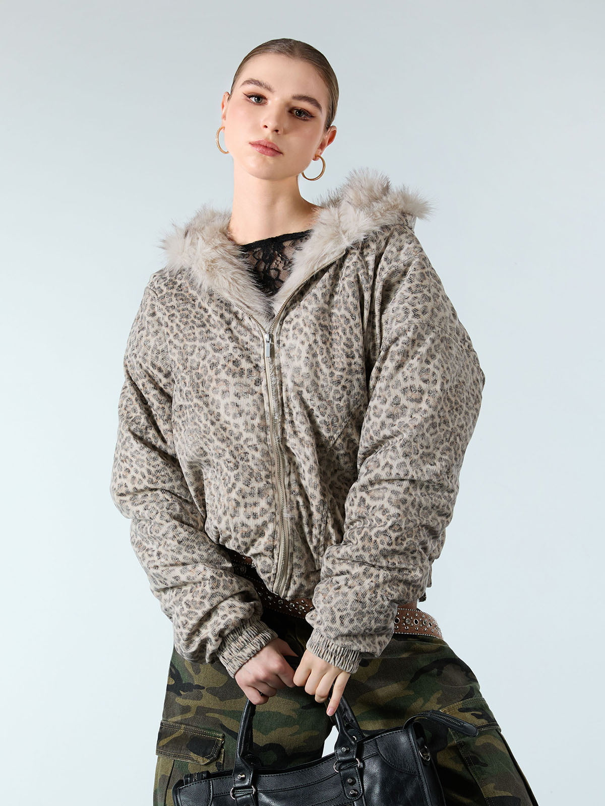 Cotton Cheetah Print Mink Fur Hooded Jacket - 2270