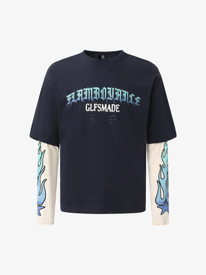 Gradient Letter Print Patchwork Faux Two-piece Long-sleeved T-shirt