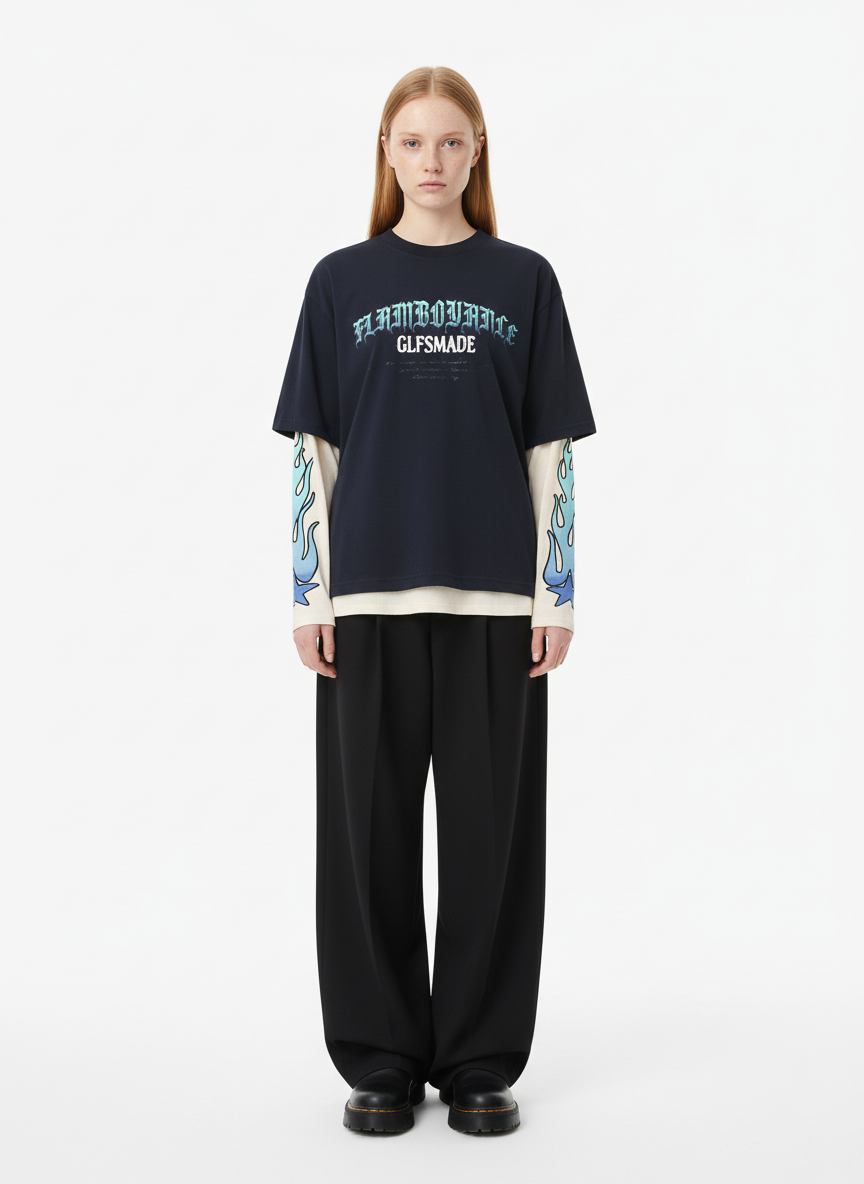 Gradient Letter Print Patchwork Faux Two-Piece Long-Sleeved T-Shirt