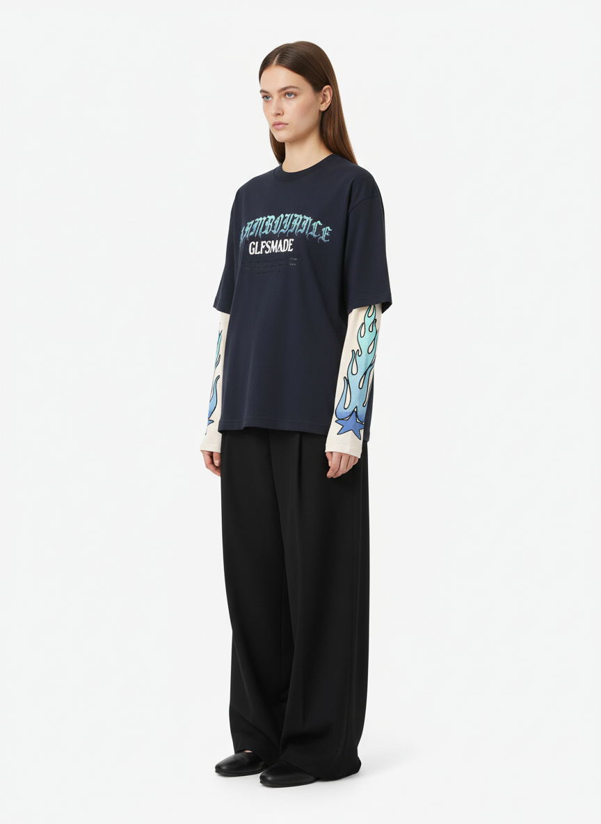 Gradient Letter Print Patchwork Faux Two-Piece Long-Sleeved T-Shirt