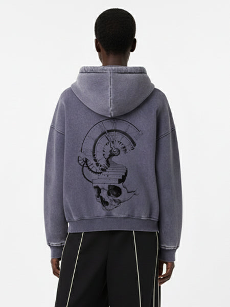 Thesupermade Washed Batik Distressed Double Zipper Cardigan Hooded Sweatshirt Hand-painted Skull Clock