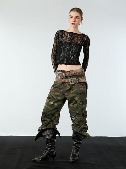 Woven Ripped Camouflage Flared Cargo Pants - 2410