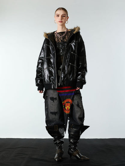 Multi-Zip Fur Hooded Leather Jacket