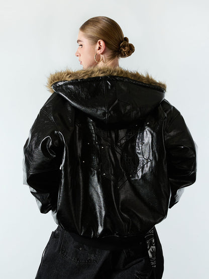 Multi-Zip Fur Hooded Leather Jacket