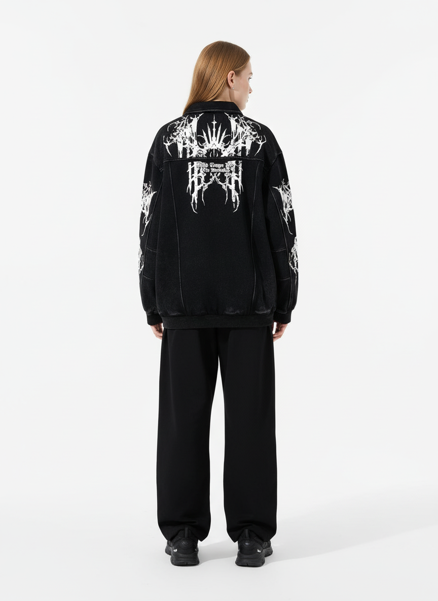 Street Washed Distressed Dark Skeletons Print Hoodie