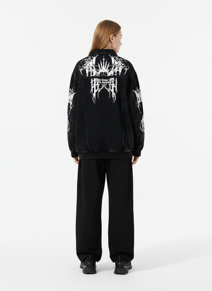 Street Washed Distressed Dark Skeletons Print Hoodie