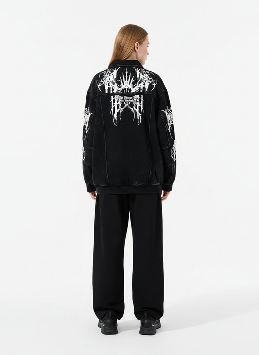 Street Washed Distressed Dark Skeletons Print Hoodie