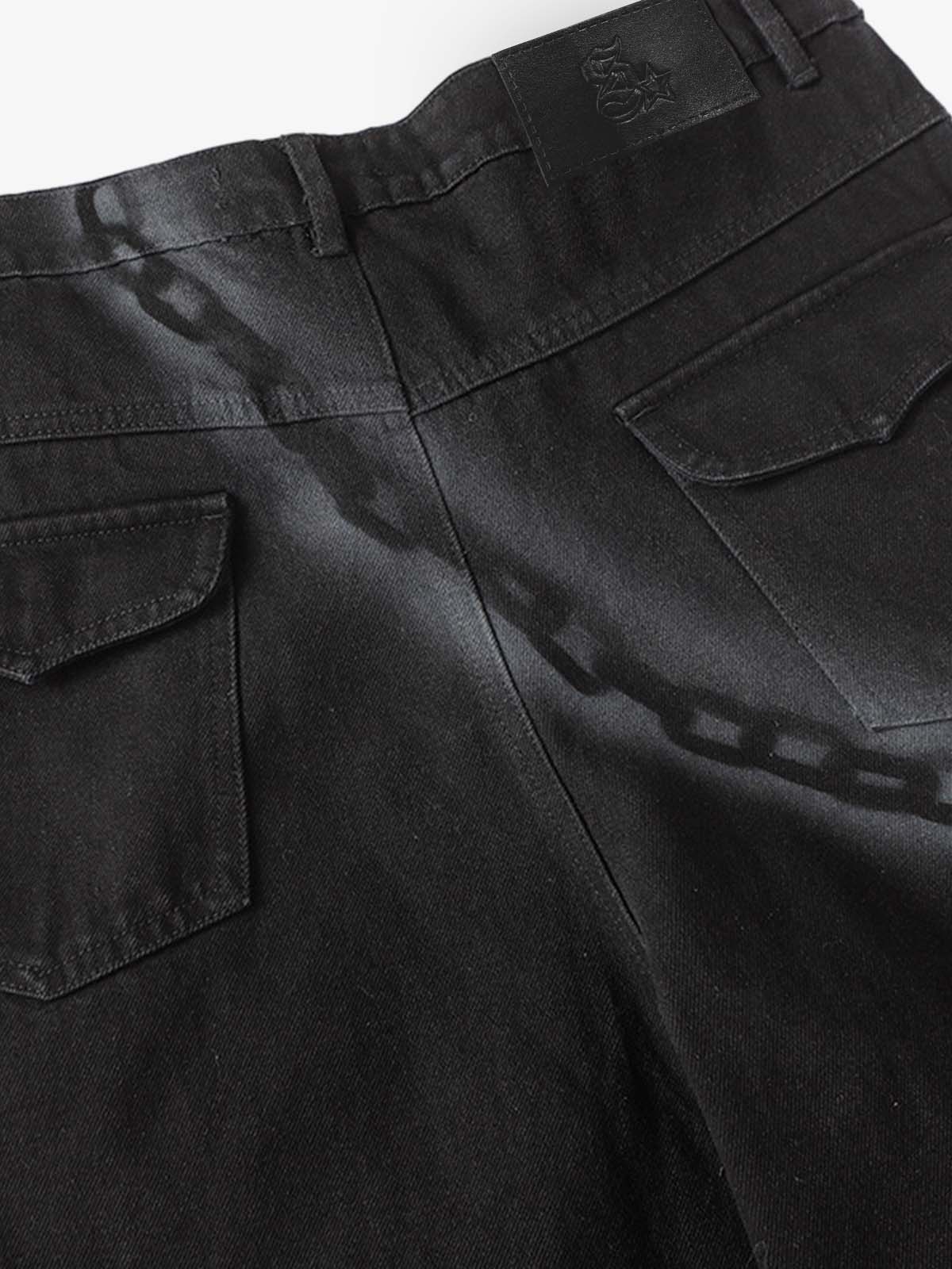 Chain Print Raw Edge Washed Wide-Leg Jeans