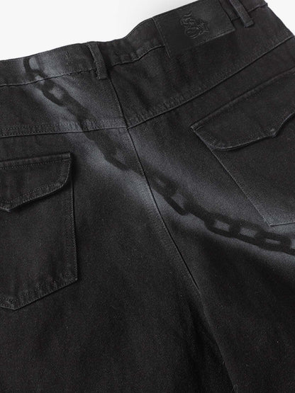 Chain Print Raw Edge Washed Wide-Leg Jeans