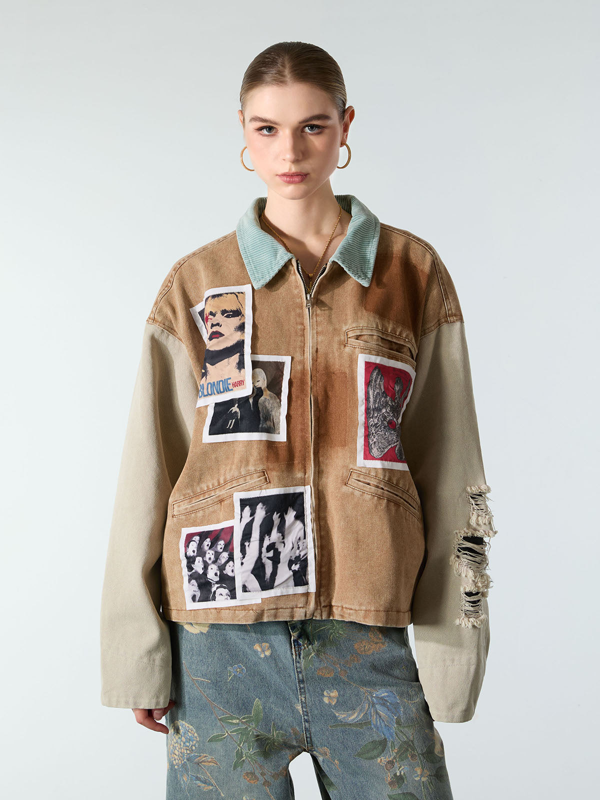 Punk Retro Collage Print Distressed Heavy Jacket