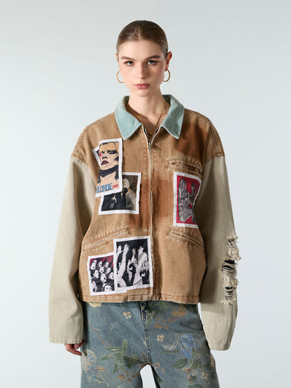 Punk Retro Collage Print Distressed Heavy Jacket