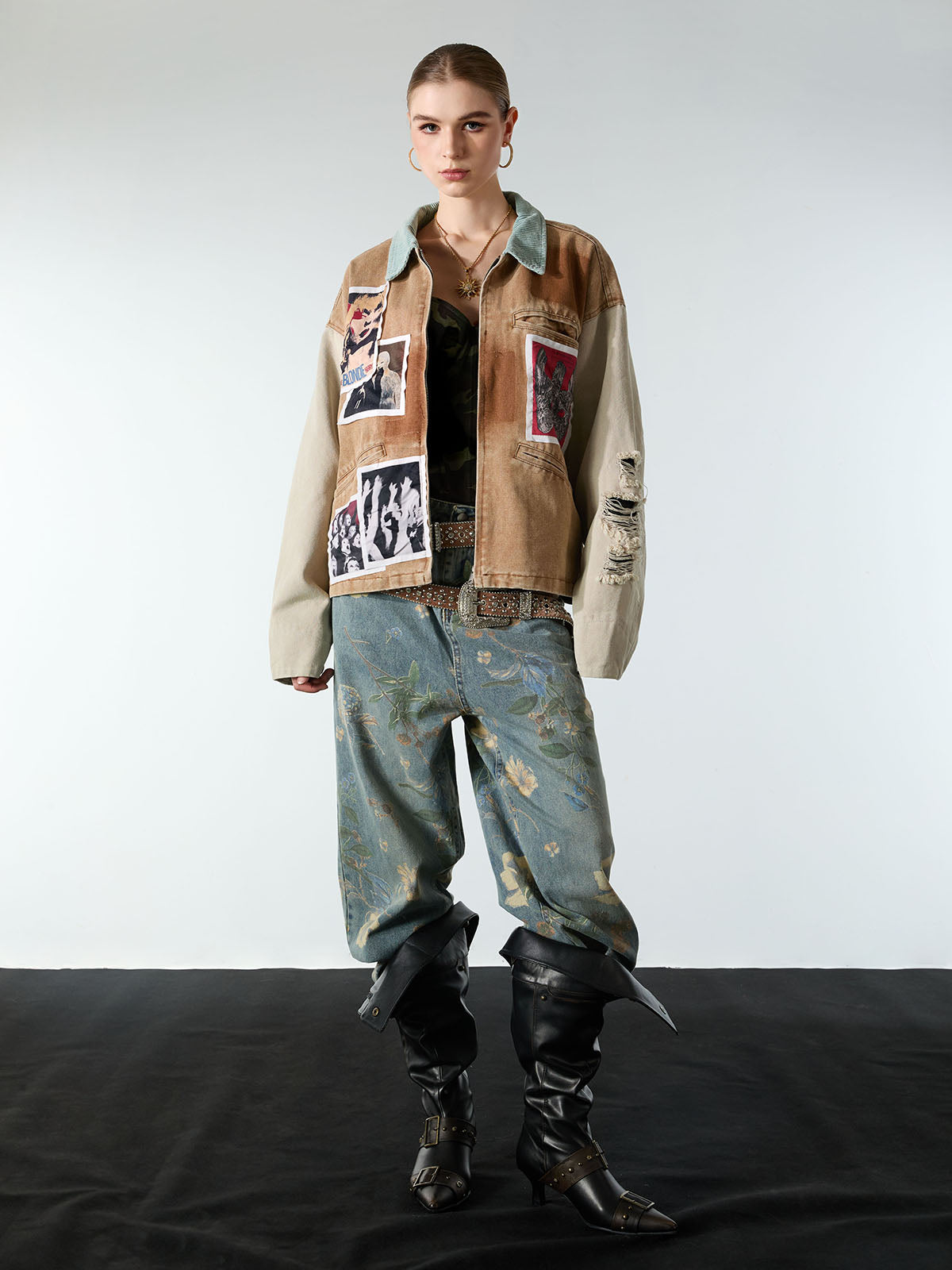 Punk Retro Collage Print Distressed Heavy Jacket